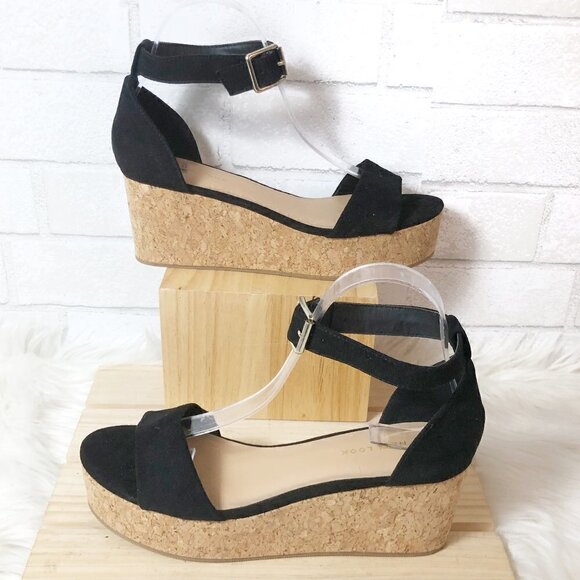 New Look Suedette Flat Form Cork Ankle Strap Black Platform Sandal Size 8 - Picture 2 of 8
